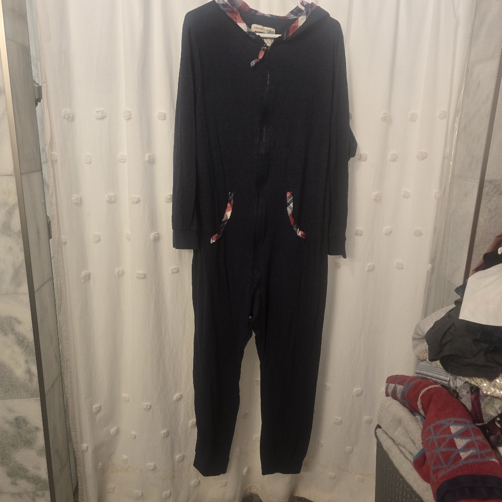 Bottoms Out Womens Pajama Onesie With Pockets And Hood. Size Large Blue